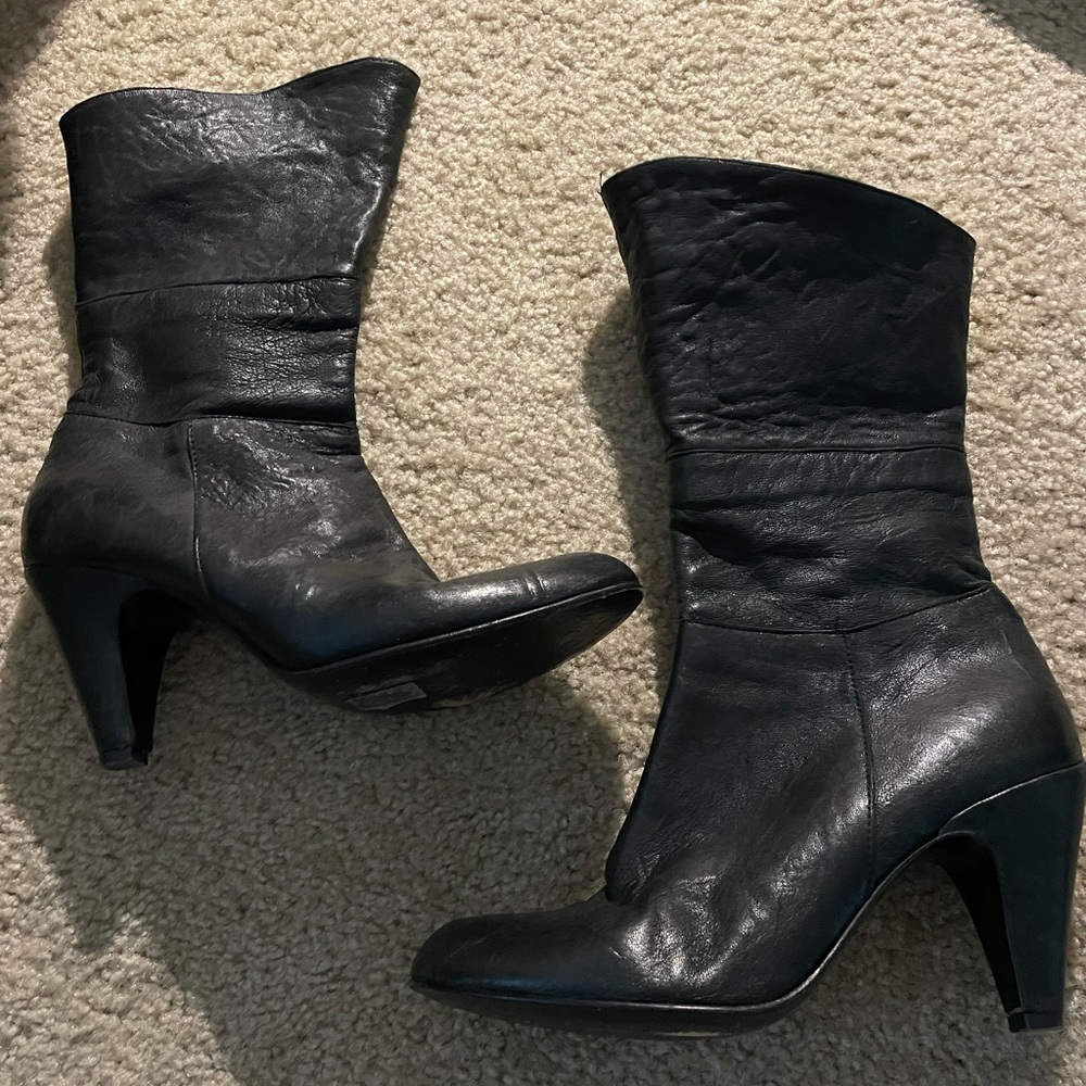 Black leather heeled boots